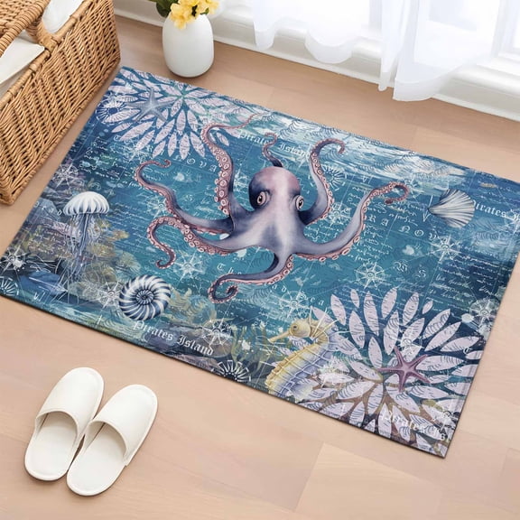 Rectangle Area Rug 2x3ft, Nautical Octopus Seahorse Starfish Non-Slip Non-Shedding Floor Mat, Ocean Sealife on Map Washable Sturdy Carpet for Living Room Bedroom Home Decor