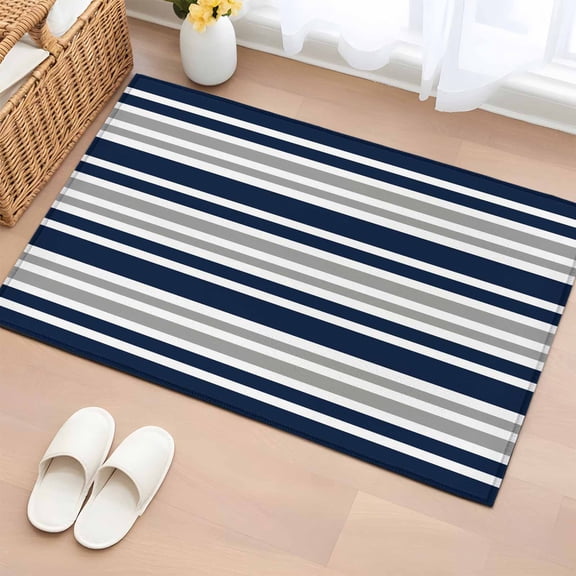 Rectangle Area Rug 2x3ft, Navy Blue Gray Stripe Non-Slip Non-Shedding Floor Mat, Modern Minimalist Style Washable Sturdy Carpet for Living Room Bedroom Home Decor