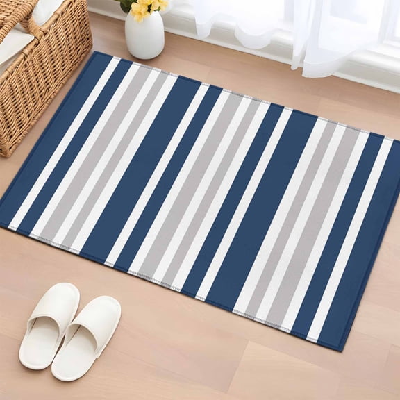 Rectangle Area Rug 2x3ft, Navy Blue Grey Striped Country Non-Shedding Washable Area Rug, Modern Minimalist Stripes Non Slip Low-Profile Rugs for Living Room, Bedroom Dining Room
