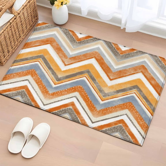 Rectangle Area Rug 2x3ft, Northern Europe Orange Zigzag Pattern Non-Shedding Washable Area Rug, Retro Abstract Geometric Art Non Slip Low-Profile Rugs for Living Room, Bedroom Dining Room