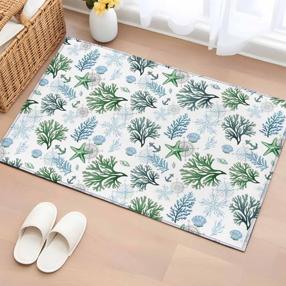 Rectangle Area Rug 2x3ft, Ocean Green Blue Coral Starfish Non-Slip Non-Shedding Floor Mat, Summer Nautical Compass Washable Sturdy Carpet for Living Room Bedroom Home Decor