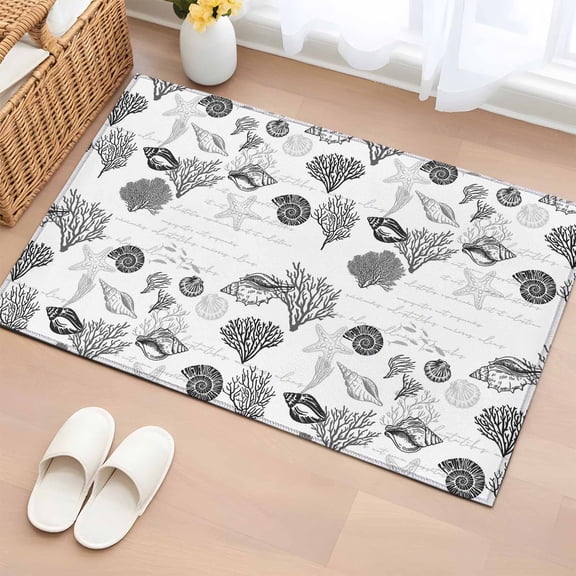 Rectangle Area Rug 2x3ft,Ocean Grey Shell Coral Starfish Washable Carpet Non-Slip Runner Accent Rugs Indoor Floor Mat for Bedroom Living Room Decor,Abstract Marine Life