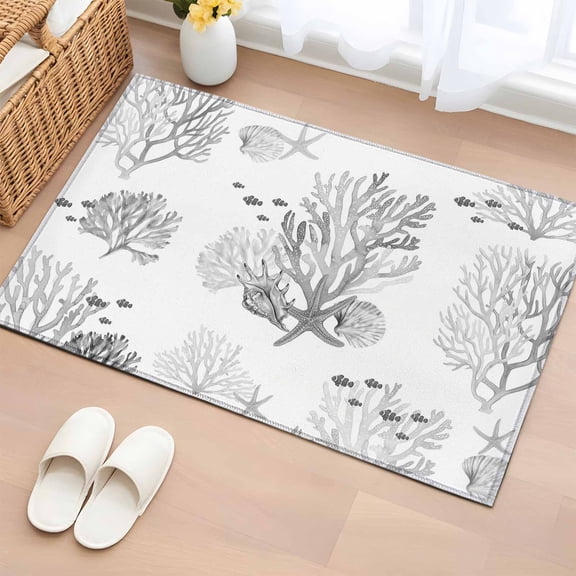 Rectangle Area Rug 2x3ft, Ocean Life Gray Coral Conch Starfish Non-Shedding Washable Area Rug, Watercolor Marine Theme Non Slip Low-Profile Rugs for Living Room, Bedroom Dining Room