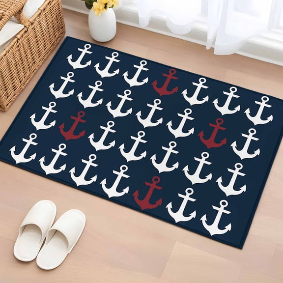 Rectangle Area Rug 2x3ft, Ocean Nautical White and Red Ship's Anchor Non-Shedding Washable Area Rug, Dark Blue Non Slip Low-Profile Rugs for Living Room, Bedroom Dining Room