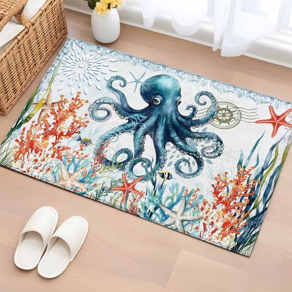 Rectangle Area Rug 2x3ft, Ocean Octopus Coral Starfish Non-Slip Non-Shedding Floor Mat, Sea Monster Blue Underwater World Washable Sturdy Carpet for Living Room Bedroom Home Decor