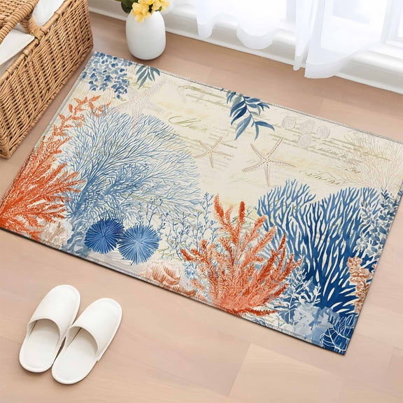 Rectangle Area Rug 2x3ft, Ocean Orange Blue Coral Non-Slip Non-Shedding Floor Mat, Sea Starfish Retro Letter Back Washable Sturdy Carpet for Living Room Bedroom Home Decor