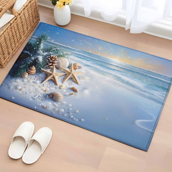 Rectangle Area Rug 2x3ft, Ocean Starfish Shell Christmas Pine Cone Non-Shedding Washable Area Rug, Winter Snow Blue Ocean Non Slip Low-Profile Rugs for Living Room, Bedroom Dining Room