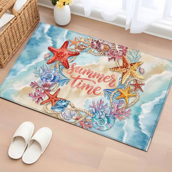 Rectangle Area Rug 2x3ft, Ocean Theme Starfish Conch Coral Non-Slip Non-Shedding Floor Mat, Summer Time Beach Shell Washable Sturdy Carpet for Living Room Bedroom Home Decor