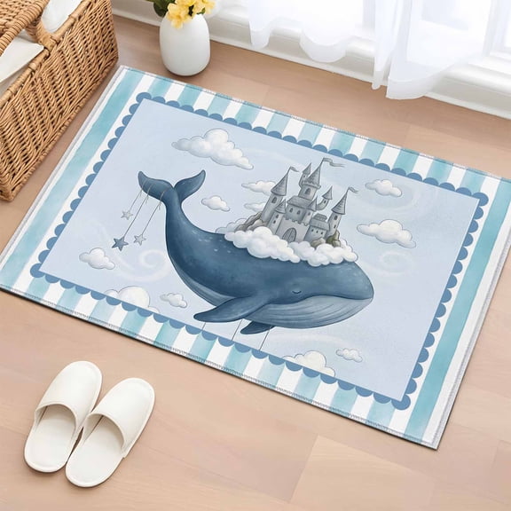 Rectangle Area Rug 2x3ft, Ocean Whale Castle Cloud Sky Non-Slip Non-Shedding Floor Mat, Blue Theme Stripe Washable Sturdy Carpet for Living Room Bedroom Home Decor