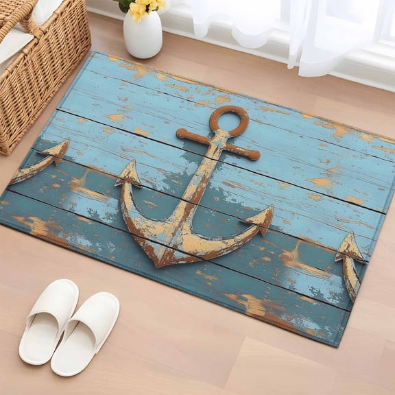 Rectangle Area Rug 2x3ft, Old Ship Anchor on Wood Grain Non-Slip Non-Shedding Floor Mat, Nautical Farm Blue Planks Washable Sturdy Carpet for Living Room Bedroom Home Decor