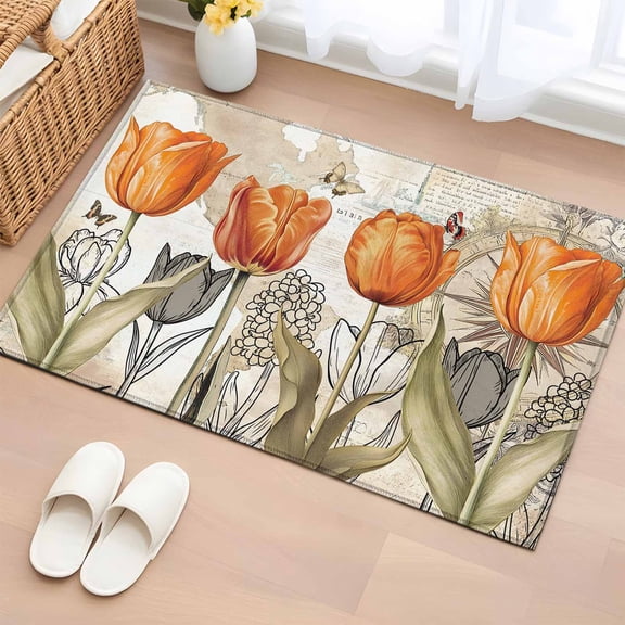 Rectangle Area Rug 2x3ft, Orange Tulip Flower Plants Non-Shedding Washable Area Rug, Butterfly Vintage Map Non Slip Low-Profile Rugs for Living Room, Bedroom Dining Room