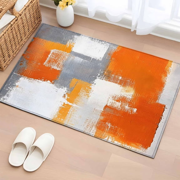 Rectangle Area Rug 2x3ft, Orange Watercolor Oil Painting Art Non-Shedding Washable Area Rug, Gray Gradient Graffiti Style Non Slip Low-Profile Rugs for Living Room, Bedroom Dining Room