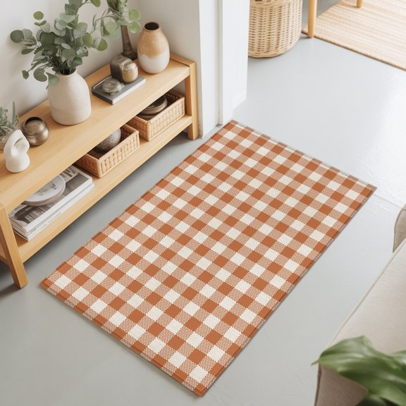 Rectangle Area Rug 2x3ft,Orange White Gingham Grid Washable Carpet Non-Slip Runner Accent Rugs Indoor Floor Mat for Bedroom Living Room Decor,Retro Farmhouse Plaid