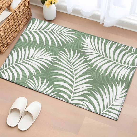 Rectangle Area Rug 2x3ft, Palm Leaf Sage Green Non-Slip Non-Shedding Floor Mat, Summer Forest Leaves Seamless Washable Sturdy Carpet for Living Room Bedroom Home Decor