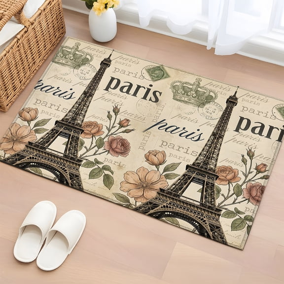 Rectangle Area Rug 2x3ft, Paris Architecture Tower Crown Non-Shedding Washable Area Rug, Blossom Flower Stamp Texture Non Slip Low-Profile Rugs for Living Room, Bedroom Dining Room