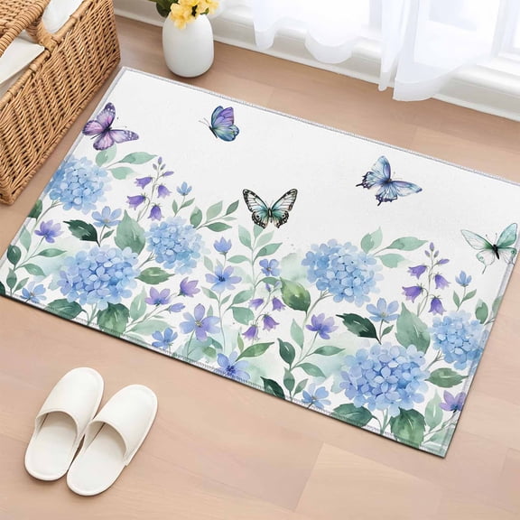 Rectangle Area Rug 2x3ft, Pastoral Blue Hydrangea Green Leaf Non-Slip Non-Shedding Floor Mat, Rustic Butterfly Botanical Washable Sturdy Carpet for Living Room Bedroom Home Decor