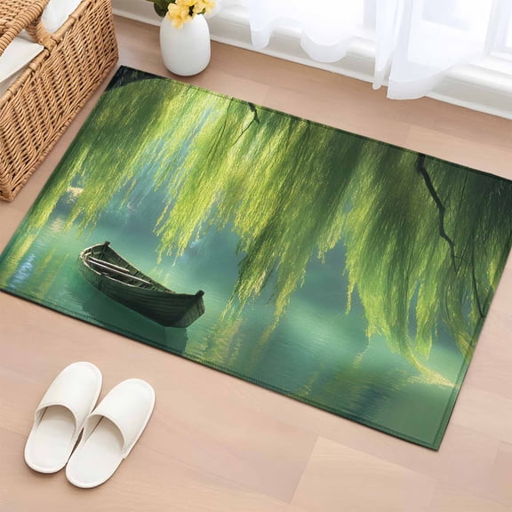 Rectangle Area Rug 2x3ft, Pastoral Green Leaves Lake Boat Tree Non-Slip Non-Shedding Floor Mat, Natural Scenery Washable Sturdy Carpet for Living Room Bedroom Home Decor