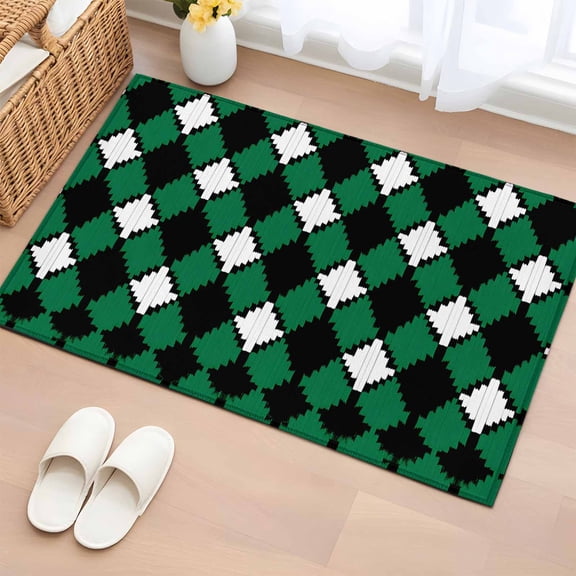 Rectangle Area Rug 2x3ft, Pastoral Style Rhombus Texture Non-Shedding Washable Area Rug, Green White and Black Non Slip Low-Profile Rugs for Living Room, Bedroom Dining Room