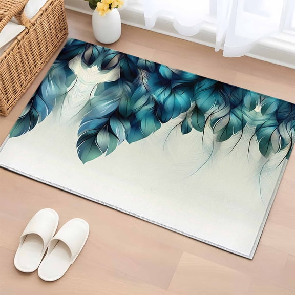 Rectangle Area Rug 2x3ft, Peacock Feather Blue Gradient Non-Slip Non-Shedding Floor Mat, Minimalist Style Washable Sturdy Carpet for Living Room Bedroom Home Decor