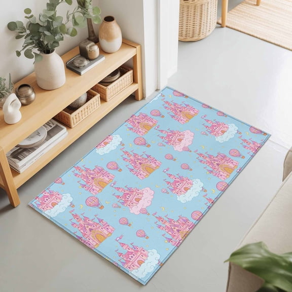 Rectangle Area Rug 2x3ft,Pink Dream Castle Cloud Balloons on Blue Washable Carpet Non-Slip Runner Accent Rugs Indoor Floor Mat for Bedroom Living Room Decor,Children's Day