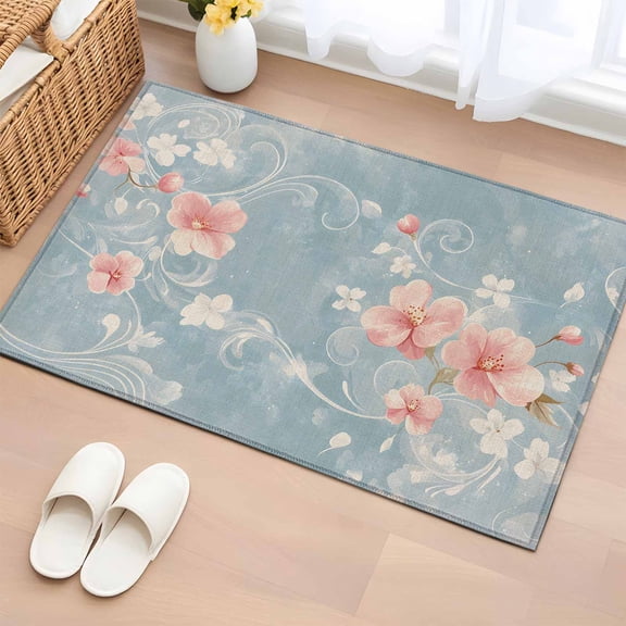 Rectangle Area Rug 2x3ft, Pink Flower Leaves on Blue Linen Non-Slip Non-Shedding Floor Mat, Retro Summer Botanical Washable Sturdy Carpet for Living Room Bedroom Home Decor