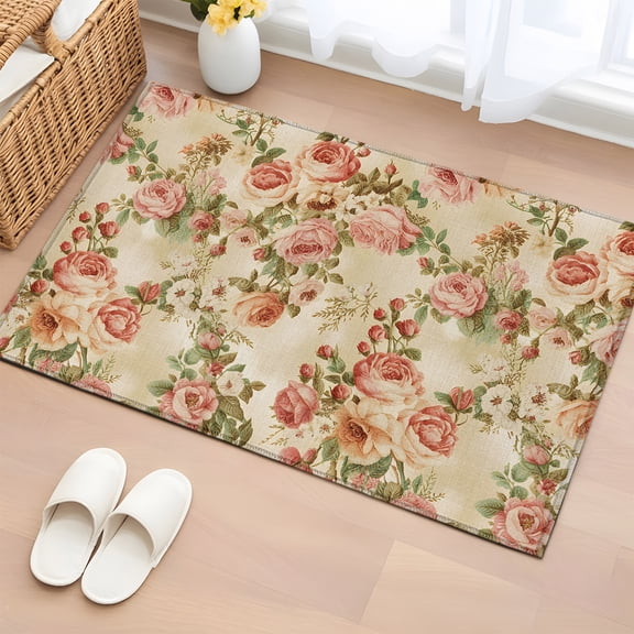 Rectangle Area Rug 2x3ft, Pink Rose Vintage Linen Non-Shedding Washable Area Rug, Classic Floral Leaves Plant Non Slip Low-Profile Rugs for Living Room, Bedroom Dining Room