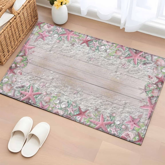 Rectangle Area Rug 2x3ft, Pink Starfish Summer Beach Shell Non-Slip Non-Shedding Floor Mat, Country Wooden Plank Washable Sturdy Carpet for Living Room Bedroom Home Decor