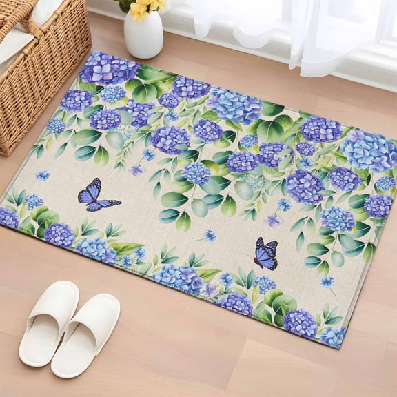 Rectangle Area Rug 2x3ft, Purple Butterfly Hydrangea on Linen Non-Slip Non-Shedding Floor Mat, Green Eucalyptus Leaf Washable Sturdy Carpet for Living Room Bedroom Home Decor