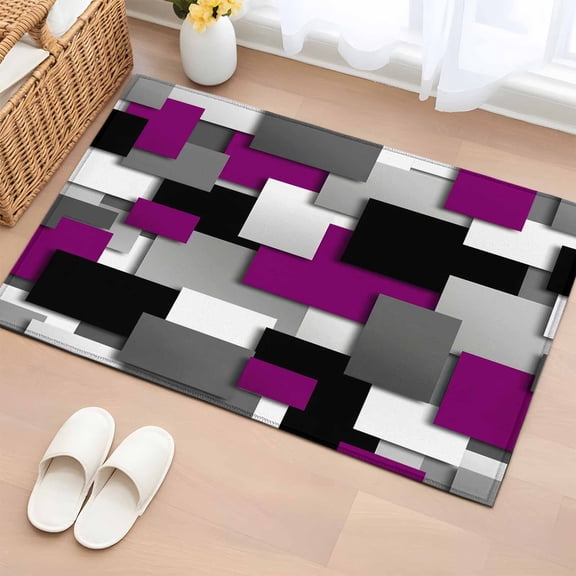 Rectangle Area Rug 2x3ft, Purple Gray Black Grid Lattice Non-Slip Non-Shedding Floor Mat, Geometric Square Texture Washable Sturdy Carpet for Living Room Bedroom Home Decor