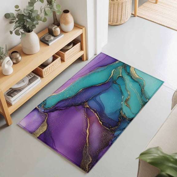 Rectangle Area Rug 2x3ft,Purple Teal Gold Marble Texture Washable Carpet Non-Slip Runner Accent Rugs Indoor Floor Mat for Bedroom Living Room Decor,Abstract Crack Ombre Art
