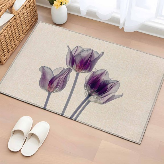 Rectangle Area Rug 2x3ft, Purple Tulips on Vintage Linen Non-Slip Non-Shedding Floor Mat, Retro Country Floral Washable Sturdy Carpet for Living Room Bedroom Home Decor