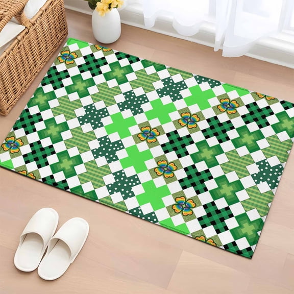 Rectangle Area Rug 2x3ft, Rainbow Shamrock Check Polka Dot Non-Shedding Washable Area Rug, St. Patrick's Day Green Theme Non Slip Low-Profile Rugs for Living Room, Bedroom Dining Room