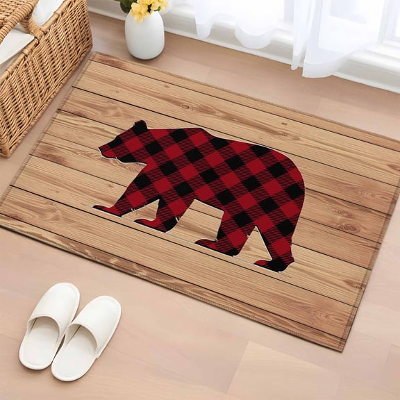 Rectangle Area Rug 2x3ft, Red Black Buffalo Plaid Bear Non-Shedding Washable Area Rug, Animal Silhouette Wood Grain Non Slip Low-Profile Rugs for Living Room, Bedroom Dining Room