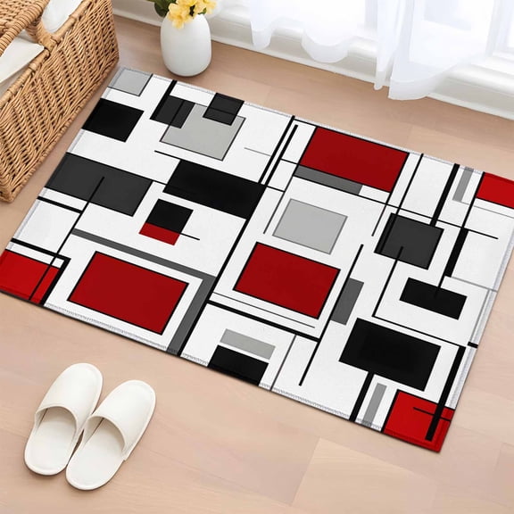 Rectangle Area Rug 2x3ft, Red Color Block Abstract Geometric Non-Shedding Washable Area Rug, Irregular Line Non Slip Low-Profile Rugs for Living Room, Bedroom Dining Room