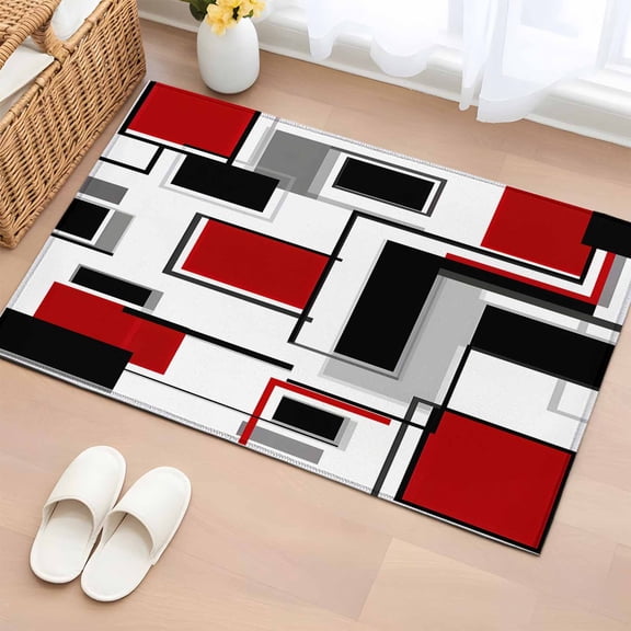 Rectangle Area Rug 2x3ft, Red Geometric Abstract Color Block Non-Shedding Washable Area Rug, Irregular Stripe Gray Gradient Non Slip Low-Profile Rugs for Living Room, Bedroom Dining Room