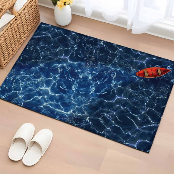Rectangle Area Rug 2x3ft, Red Small Boats Deep Blue Seawater Non-Shedding Washable Area Rug, Watercolor Patches Non Slip Low-Profile Rugs for Living Room, Bedroom Dining Room