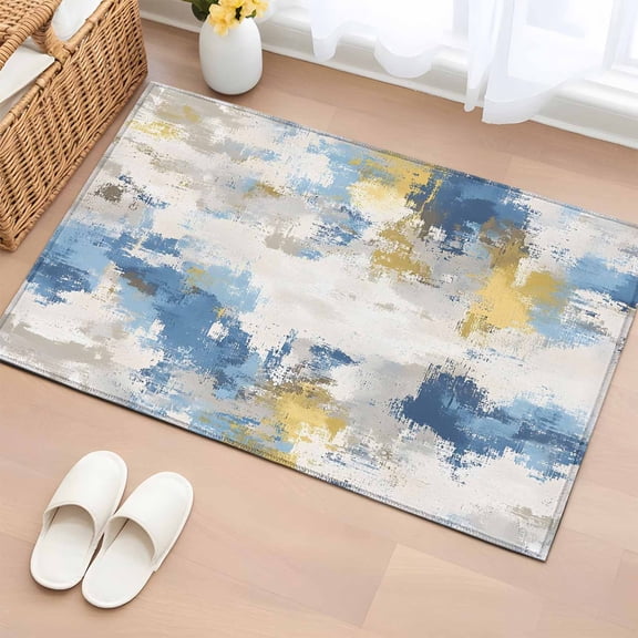 Rectangle Area Rug 2x3ft, Retro Abstract Artwork Non-Slip Non-Shedding Floor Mat, Blue Yellow Gray Art Pattern Washable Sturdy Carpet for Living Room Bedroom Home Decor