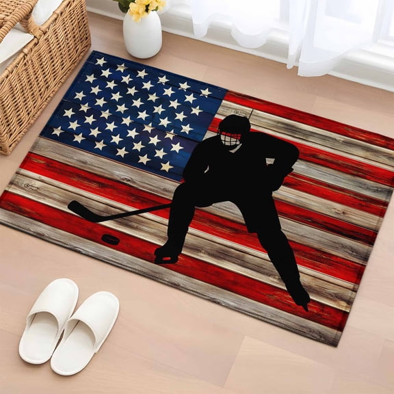 Rectangle Area Rug 2x3ft, Retro American Flag on Red Brown Stripes Non-Shedding Washable Area Rug, Hockey Sport Player Non Slip Low-Profile Rugs for Living Room, Bedroom Dining Room
