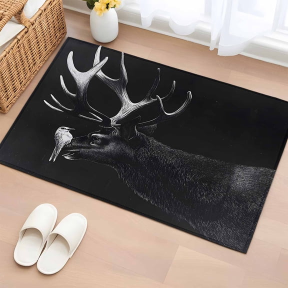 Rectangle Area Rug 2x3ft, Retro Antelope Bird on Black Non-Shedding Washable Area Rug, Vintage Abstract Animal Non Slip Low-Profile Rugs for Living Room, Bedroom Dining Room