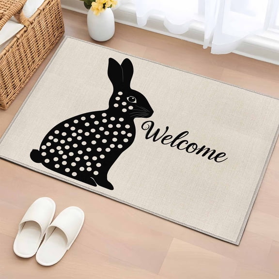 Rectangle Area Rug 2x3ft,Retro Black Wave Point Rabbit Washable Carpet Non-Slip Runner Accent Rugs Indoor Floor Mat for Bedroom Living Room Decor,Welcome on Linen