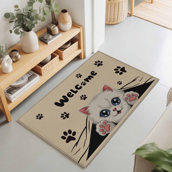 Rectangle Area Rug 2x3ft,Retro Cartoon Cute Cats Claws Living Room Rug Non-Slip Washable Circle Rugs Pad,Welcome Quote Soft Floor Carpet for Bedroom Dining Room