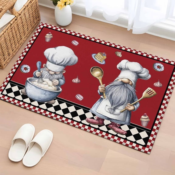 Rectangle Area Rug 2x3ft, Retro Cartoon Dessert Chef Non-Slip Non-Shedding Floor Mat, Black and White Lattice Burgundy Red Washable Sturdy Carpet for Living Room Bedroom Home Decor