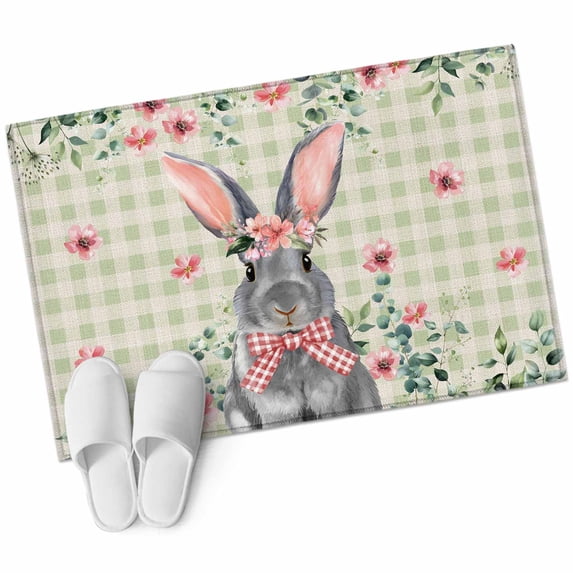 Rectangle Area Rug 2x3ft, Retro Easter Rabbits Pink Flowers Non-Slip Non-Shedding Floor Mat, Green White Plaid Washable Sturdy Carpet for Living Room Bedroom Home Decor