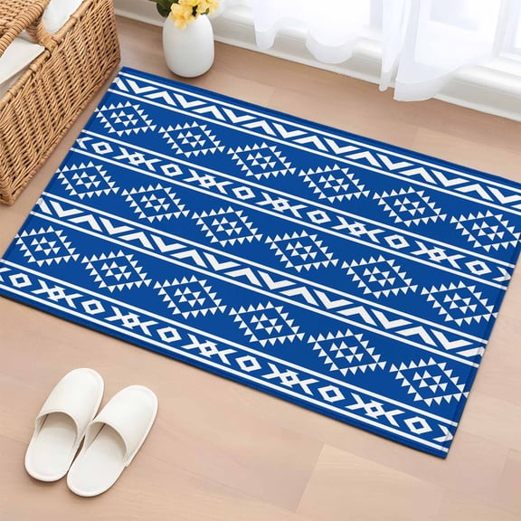 Rectangle Area Rug 2x3ft, Retro Ethnic Blue White Geometric Art Non-Slip Non-Shedding Floor Mat, Tribal Native Texture Washable Sturdy Carpet for Living Room Bedroom Home Decor