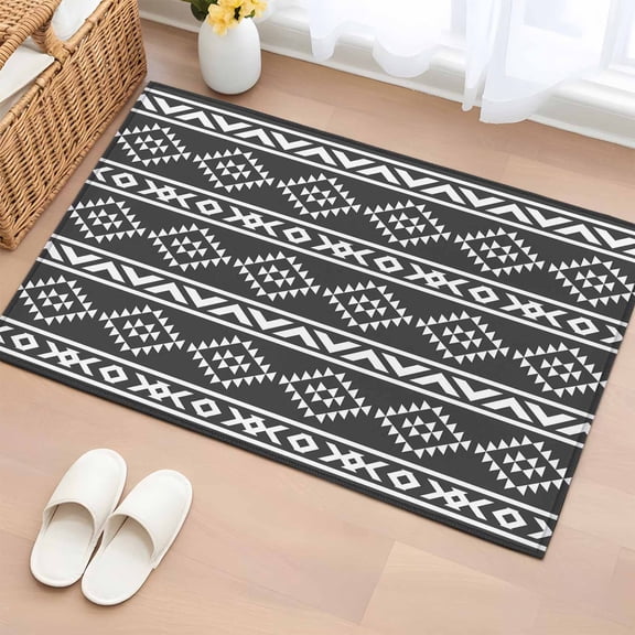 Rectangle Area Rug 2x3ft, Retro Ethnic Dark Gray Geometric Art Non-Shedding Washable Area Rug, Native Tribal Texture Non Slip Low-Profile Rugs for Living Room, Bedroom Dining Room