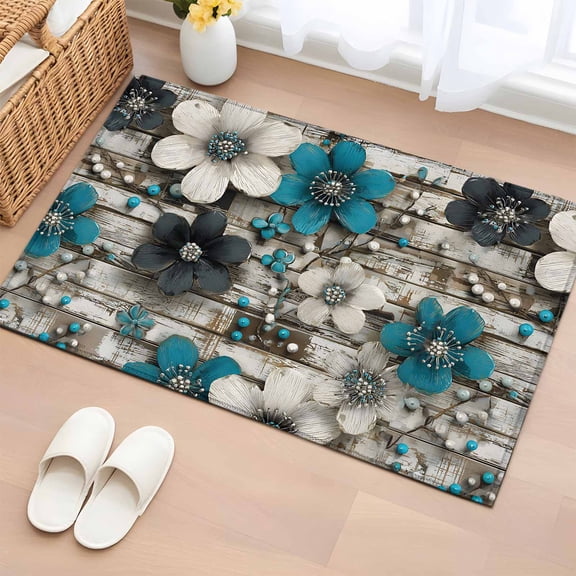 Rectangle Area Rug 2x3ft, Retro Floral Country Wood Grain Non-Slip Non-Shedding Floor Mat, Farmhouse Flower Berry Washable Sturdy Carpet for Living Room Bedroom Home Decor