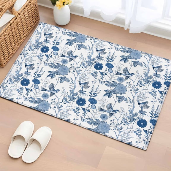 Rectangle Area Rug 2x3ft, Retro Herbs Floral Plant Bird Non-Shedding Washable Area Rug, Blue and White Non Slip Low-Profile Rugs for Living Room, Bedroom Dining Room