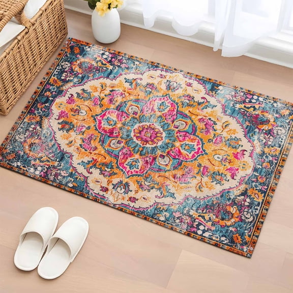 Rectangle Area Rug 2x3ft, Retro Medieval Turkish Tattoos Non-Slip Non-Shedding Floor Mat, Classic Boho Pattern Washable Sturdy Carpet for Living Room Bedroom Home Decor