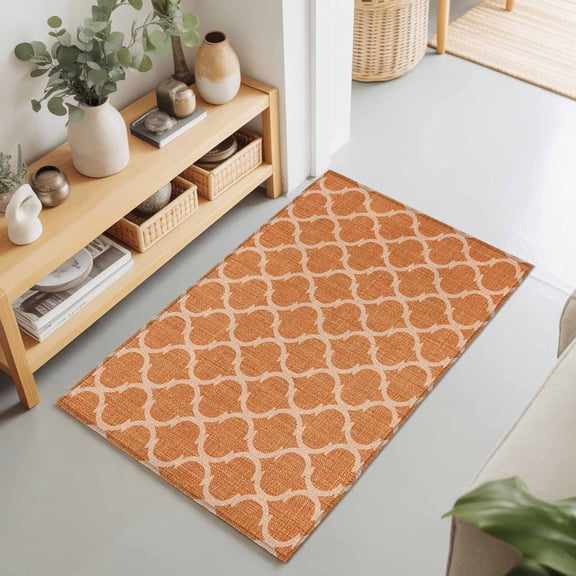 Rectangle Area Rug 2x3ft,Retro Moroccan Orange Geometric Living Room Rug Non-Slip Washable Circle Rugs Pad,Medieval Ethnic Pattern Soft Floor Carpet for Bedroom Dining Room