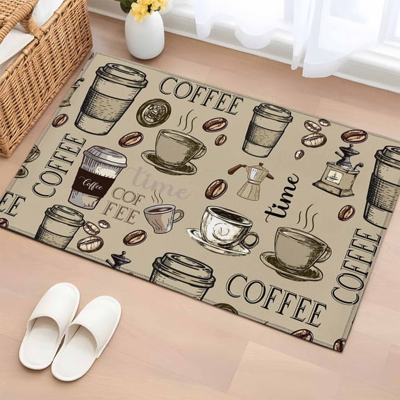 Rectangle Area Rug 2x3ft,Retro Sketch Coffee Set Bean with Quote Washable Carpet Non-Slip Runner Accent Rugs Indoor Floor Mat for Bedroom Living Room Decor,Aromatic Drink on Khaki